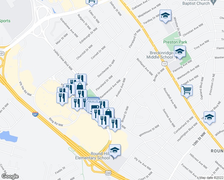 map of restaurants, bars, coffee shops, grocery stores, and more near 2507 Ravenwood Avenue Northwest in Roanoke