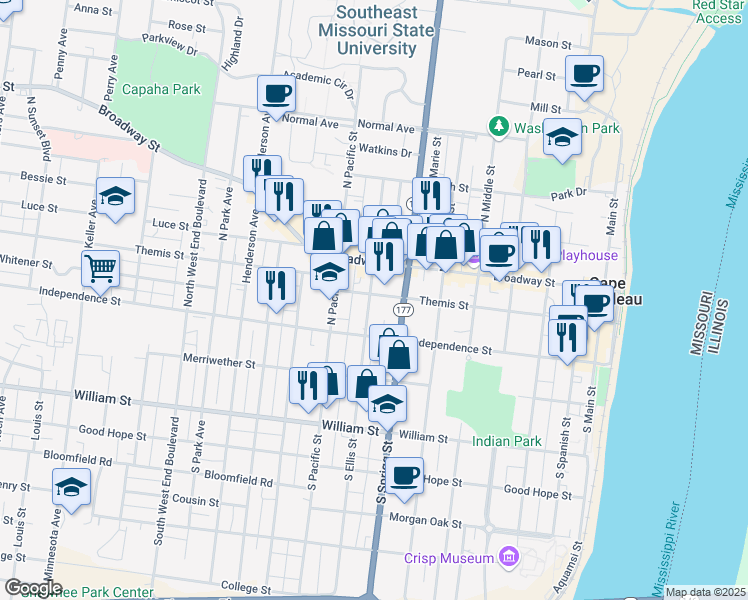 map of restaurants, bars, coffee shops, grocery stores, and more near 739 Themis Street in Cape Girardeau