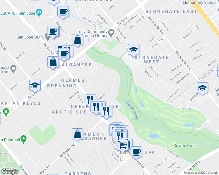 map of restaurants, bars, coffee shops, grocery stores, and more near 2600 Senter Rd in San Jose