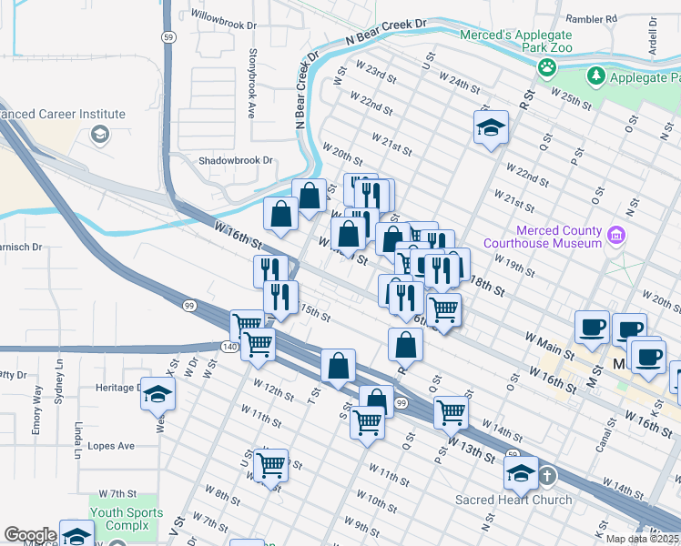 map of restaurants, bars, coffee shops, grocery stores, and more near 1347 West 16th Street in Merced