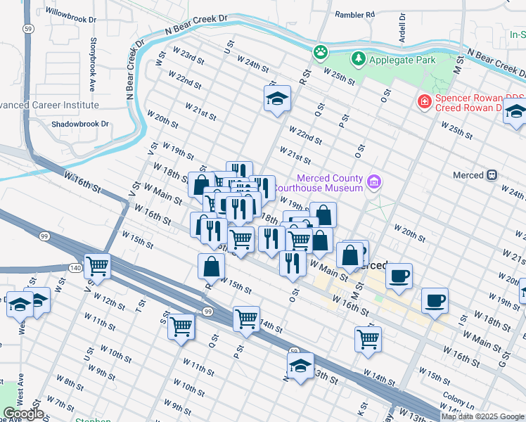 map of restaurants, bars, coffee shops, grocery stores, and more near 1017 West 18th Street in Merced