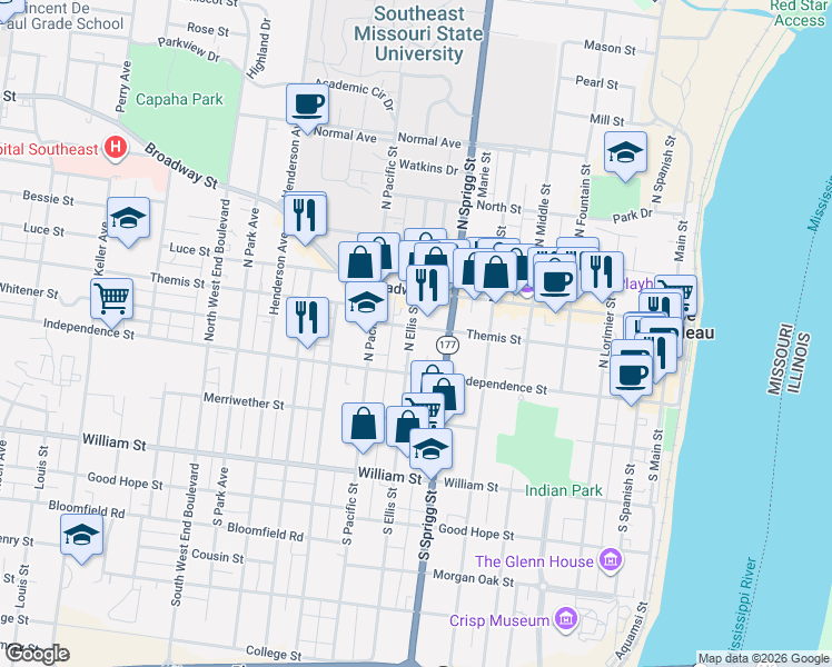 map of restaurants, bars, coffee shops, grocery stores, and more near 13 North Sprigg Street in Cape Girardeau