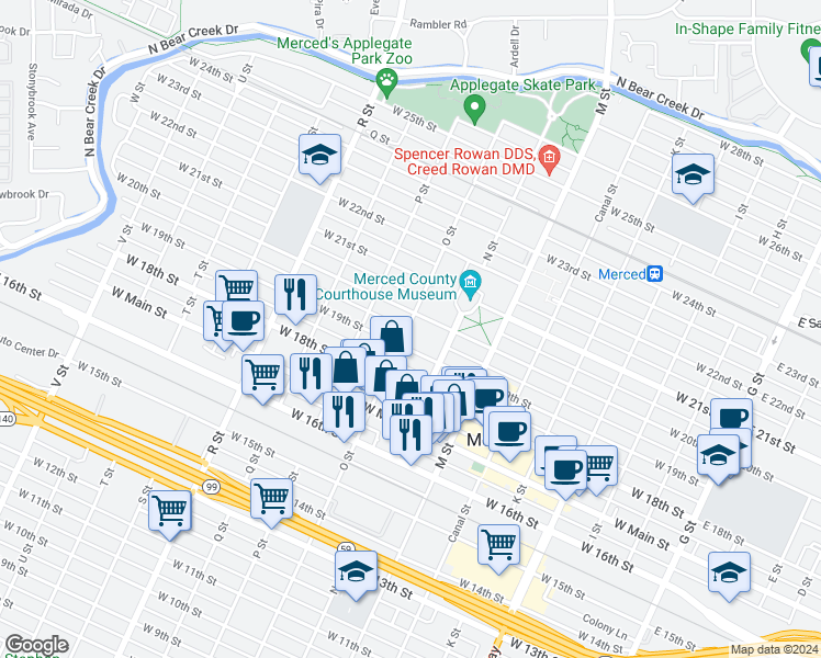 map of restaurants, bars, coffee shops, grocery stores, and more near 1926 O Street in Merced