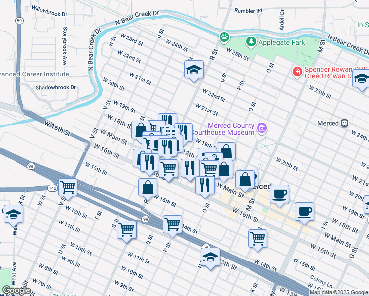 map of restaurants, bars, coffee shops, grocery stores, and more near 1017 West 18th Street in Merced