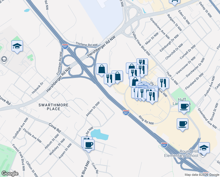 map of restaurants, bars, coffee shops, grocery stores, and more near 4942 Valley View Boulevard North NorthWest in Roanoke