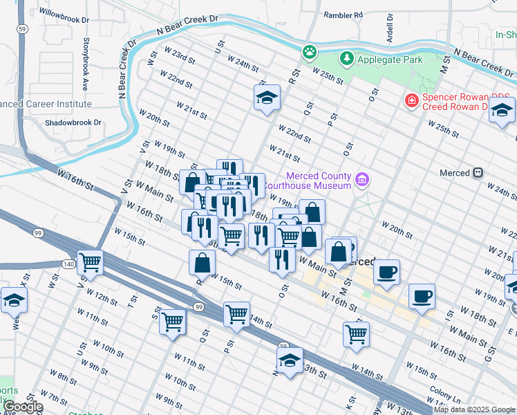 map of restaurants, bars, coffee shops, grocery stores, and more near 1006 West 18th Street in Merced