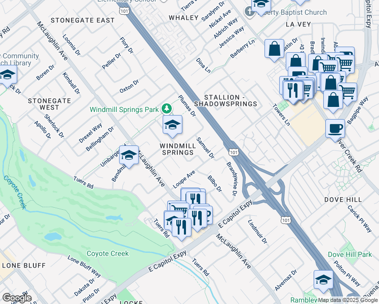 map of restaurants, bars, coffee shops, grocery stores, and more near 2971 Aetna Way in San Jose