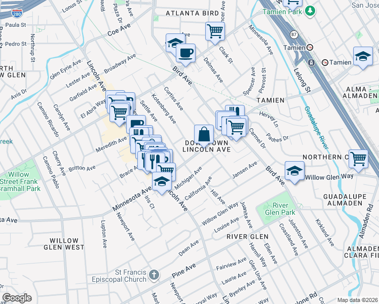 map of restaurants, bars, coffee shops, grocery stores, and more near 984 Minnesota Avenue in San Jose