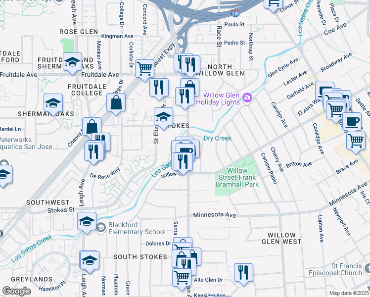 map of restaurants, bars, coffee shops, grocery stores, and more near 1035 Meridian Avenue in San Jose