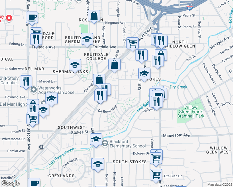 map of restaurants, bars, coffee shops, grocery stores, and more near 1495 De Rose Way in San Jose