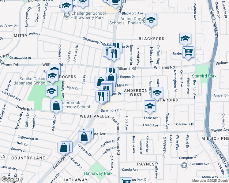map of restaurants, bars, coffee shops, grocery stores, and more near 4162 Piper Drive in San Jose