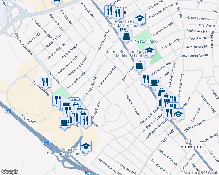 map of restaurants, bars, coffee shops, grocery stores, and more near 2625 Broad Street Northwest in Roanoke