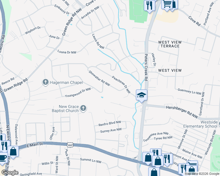 map of restaurants, bars, coffee shops, grocery stores, and more near 4736 Showalter Road Northwest in Roanoke