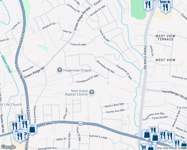 map of restaurants, bars, coffee shops, grocery stores, and more near 5038 Youngwood Dr NW in Roanoke