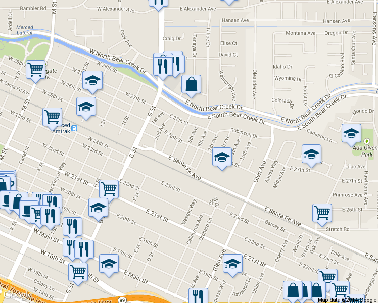 map of restaurants, bars, coffee shops, grocery stores, and more near 2550 5th Avenue in Merced