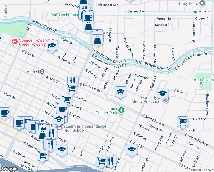 map of restaurants, bars, coffee shops, grocery stores, and more near 2550 5th Avenue in Merced