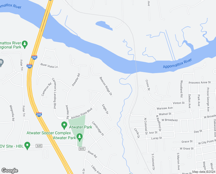 map of restaurants, bars, coffee shops, grocery stores, and more near 301 Beacon Ridge Drive in Hopewell