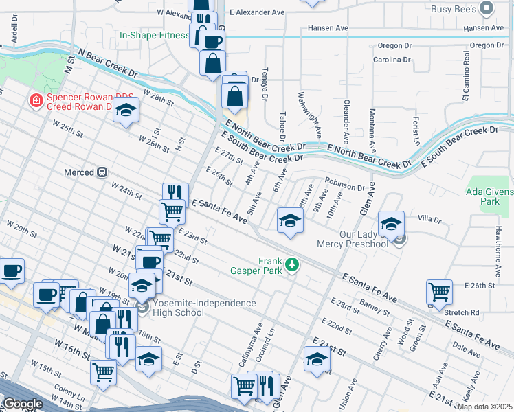 map of restaurants, bars, coffee shops, grocery stores, and more near 2550 5th Avenue in Merced