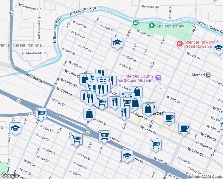 map of restaurants, bars, coffee shops, grocery stores, and more near 1006 West 18th Street in Merced