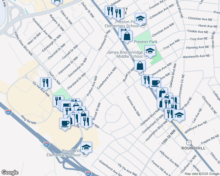 map of restaurants, bars, coffee shops, grocery stores, and more near 2625 Broad Street Northwest in Roanoke