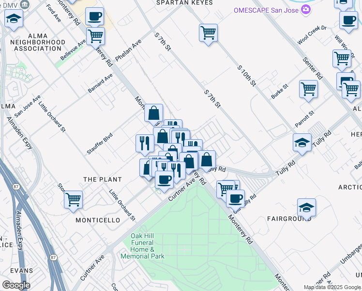 map of restaurants, bars, coffee shops, grocery stores, and more near 2122 Monterey Highway in San Jose