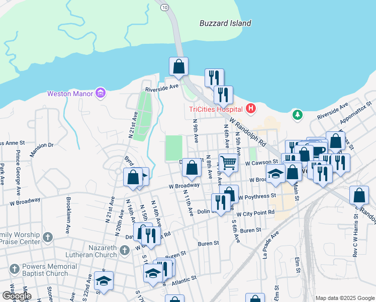 map of restaurants, bars, coffee shops, grocery stores, and more near 509 North 10th Avenue in Hopewell