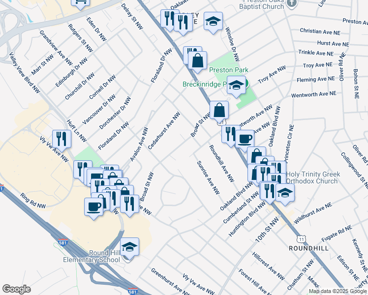 map of restaurants, bars, coffee shops, grocery stores, and more near 2709 Broad Street Northwest in Roanoke