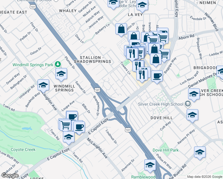 map of restaurants, bars, coffee shops, grocery stores, and more near 3241 Shadow Park Place in San Jose