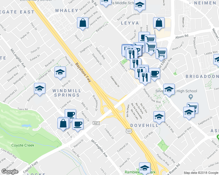 map of restaurants, bars, coffee shops, grocery stores, and more near 3241 Shadow Park Place in San Jose