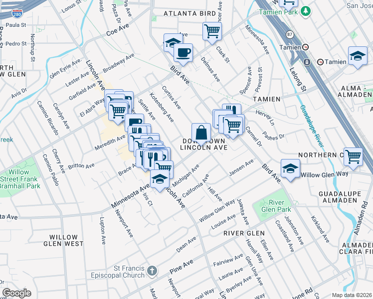 map of restaurants, bars, coffee shops, grocery stores, and more near 984 Minnesota Avenue in San Jose