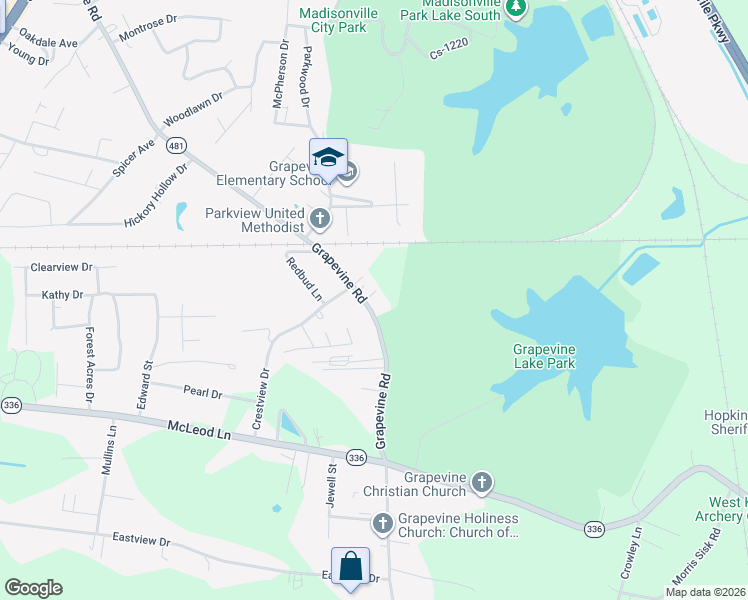 map of restaurants, bars, coffee shops, grocery stores, and more near 1501-1745 Grapevine Rd in Madisonville