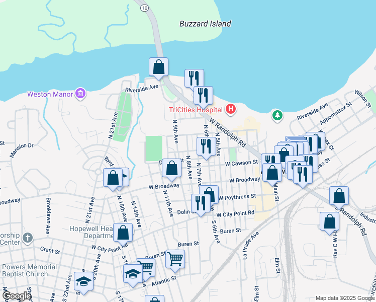map of restaurants, bars, coffee shops, grocery stores, and more near 800 Davis Street in Hopewell