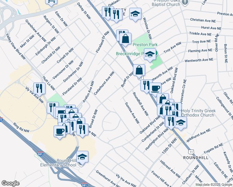 map of restaurants, bars, coffee shops, grocery stores, and more near 2709 Broad Street Northwest in Roanoke