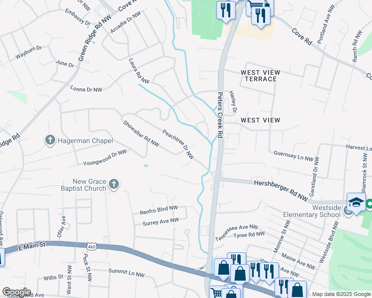 map of restaurants, bars, coffee shops, grocery stores, and more near 4519 Peach Tree Drive Northwest in Roanoke