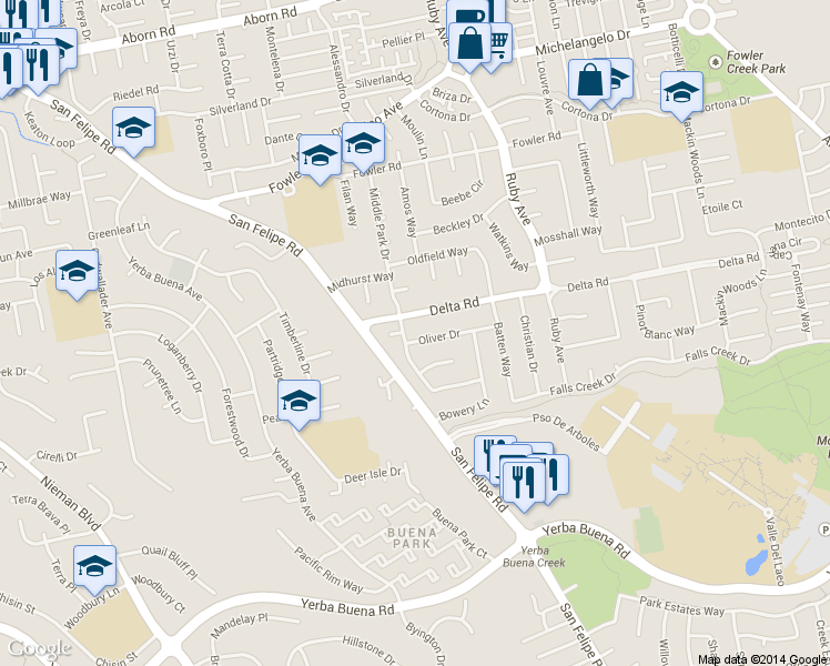 map of restaurants, bars, coffee shops, grocery stores, and more near 3005 Oliver Drive in San Jose