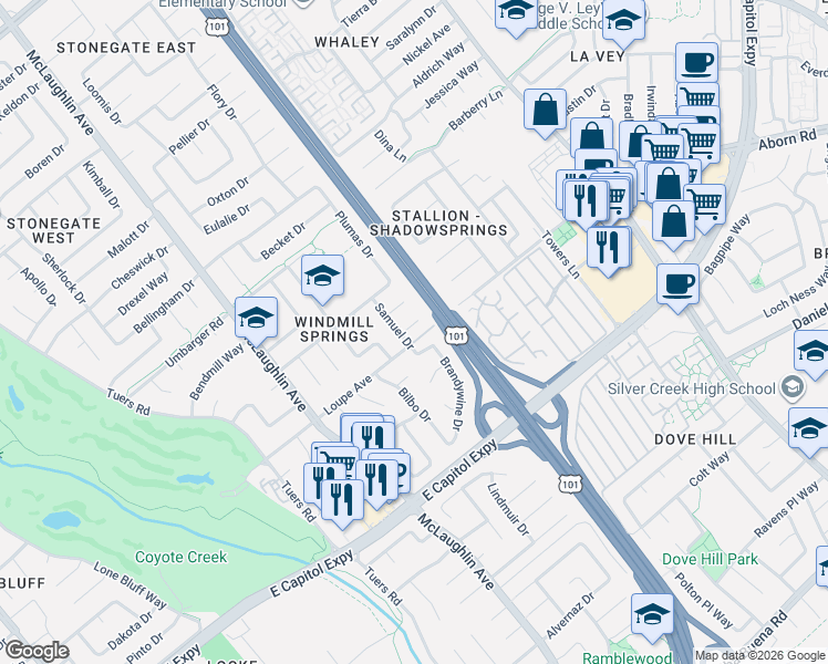 map of restaurants, bars, coffee shops, grocery stores, and more near 1346 Loupe Avenue in San Jose