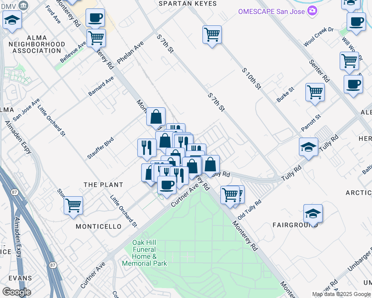 map of restaurants, bars, coffee shops, grocery stores, and more near 2055 Monterey Road in San Jose