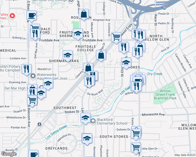map of restaurants, bars, coffee shops, grocery stores, and more near 1495 De Rose Way in San Jose