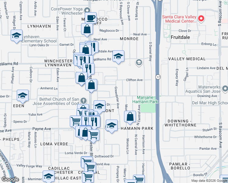 map of restaurants, bars, coffee shops, grocery stores, and more near 2980 Westfield Avenue in San Jose