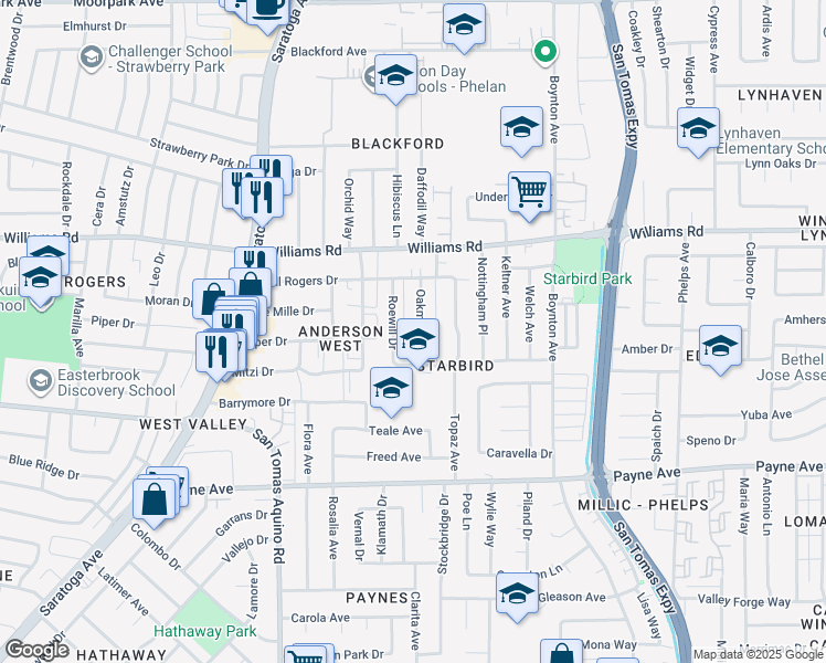 map of restaurants, bars, coffee shops, grocery stores, and more near 1134 Oakmont Drive in San Jose