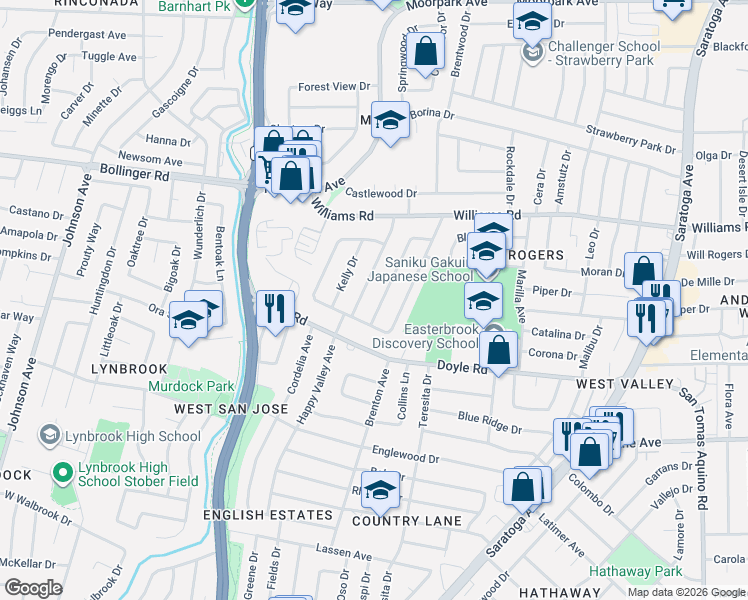 map of restaurants, bars, coffee shops, grocery stores, and more near 1128 Beaumont Drive in San Jose