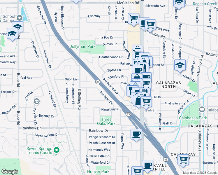 map of restaurants, bars, coffee shops, grocery stores, and more near 1138 Scotland Drive in Cupertino