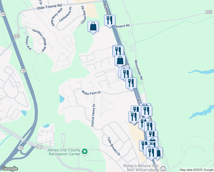 map of restaurants, bars, coffee shops, grocery stores, and more near 249 Waltz Farm Drive in Williamsburg