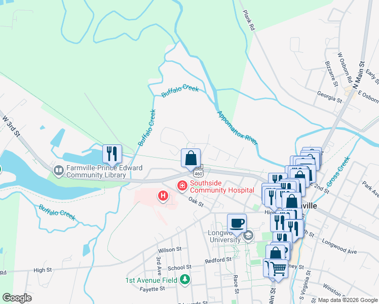 map of restaurants, bars, coffee shops, grocery stores, and more near High Bridge Trail in Farmville