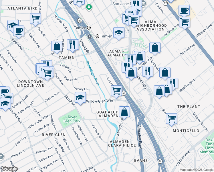 map of restaurants, bars, coffee shops, grocery stores, and more near 1641 Mackey Avenue in San Jose