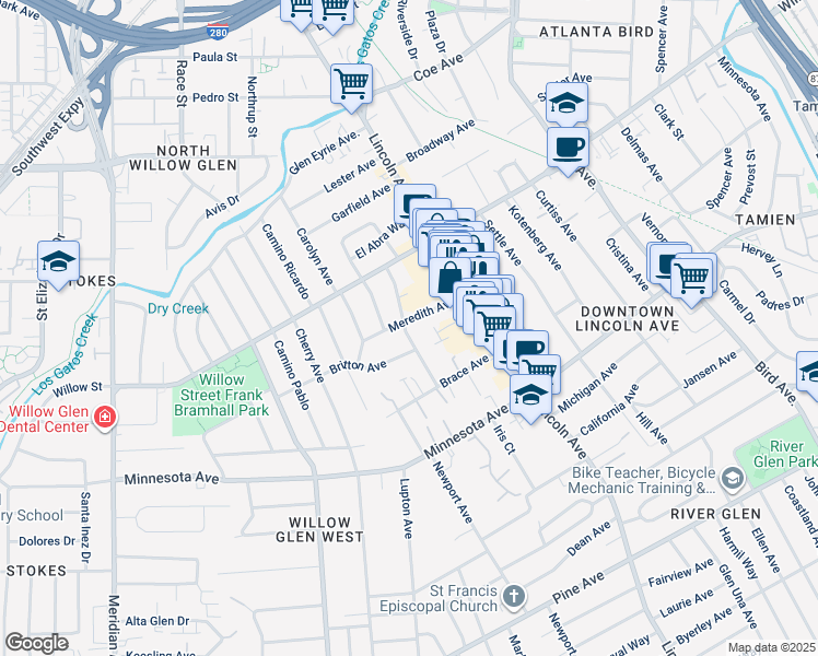 map of restaurants, bars, coffee shops, grocery stores, and more near 1232 Coolidge Avenue in San Jose