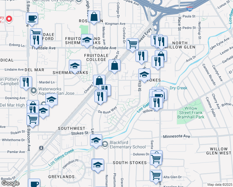 map of restaurants, bars, coffee shops, grocery stores, and more near 1491 De Rose Way in San Jose