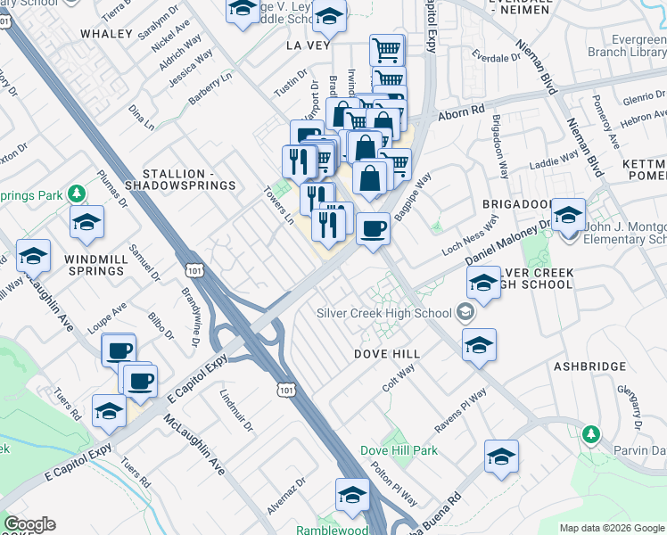 map of restaurants, bars, coffee shops, grocery stores, and more near 3032 Oakbridge Drive in San Jose