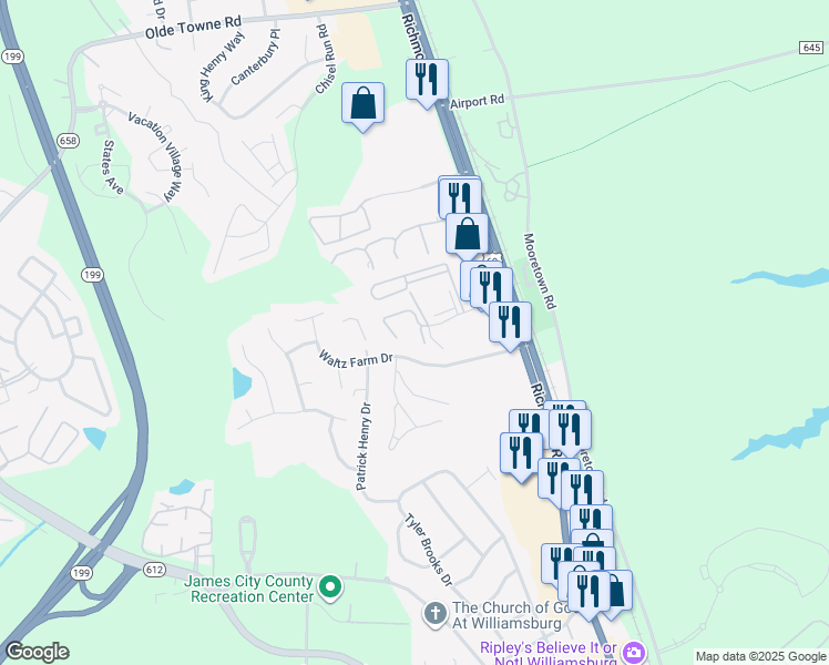 map of restaurants, bars, coffee shops, grocery stores, and more near 302 Patriot Lane in Williamsburg