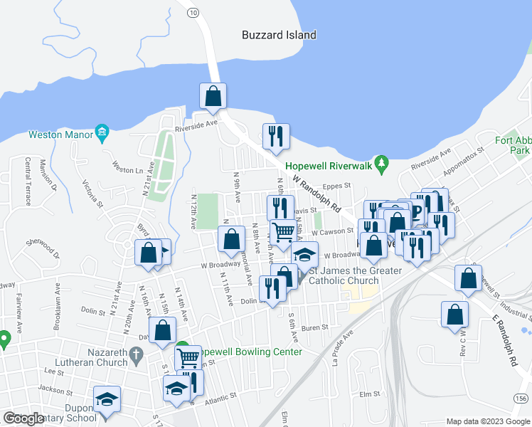 map of restaurants, bars, coffee shops, grocery stores, and more near 502 North 7th Avenue in Hopewell